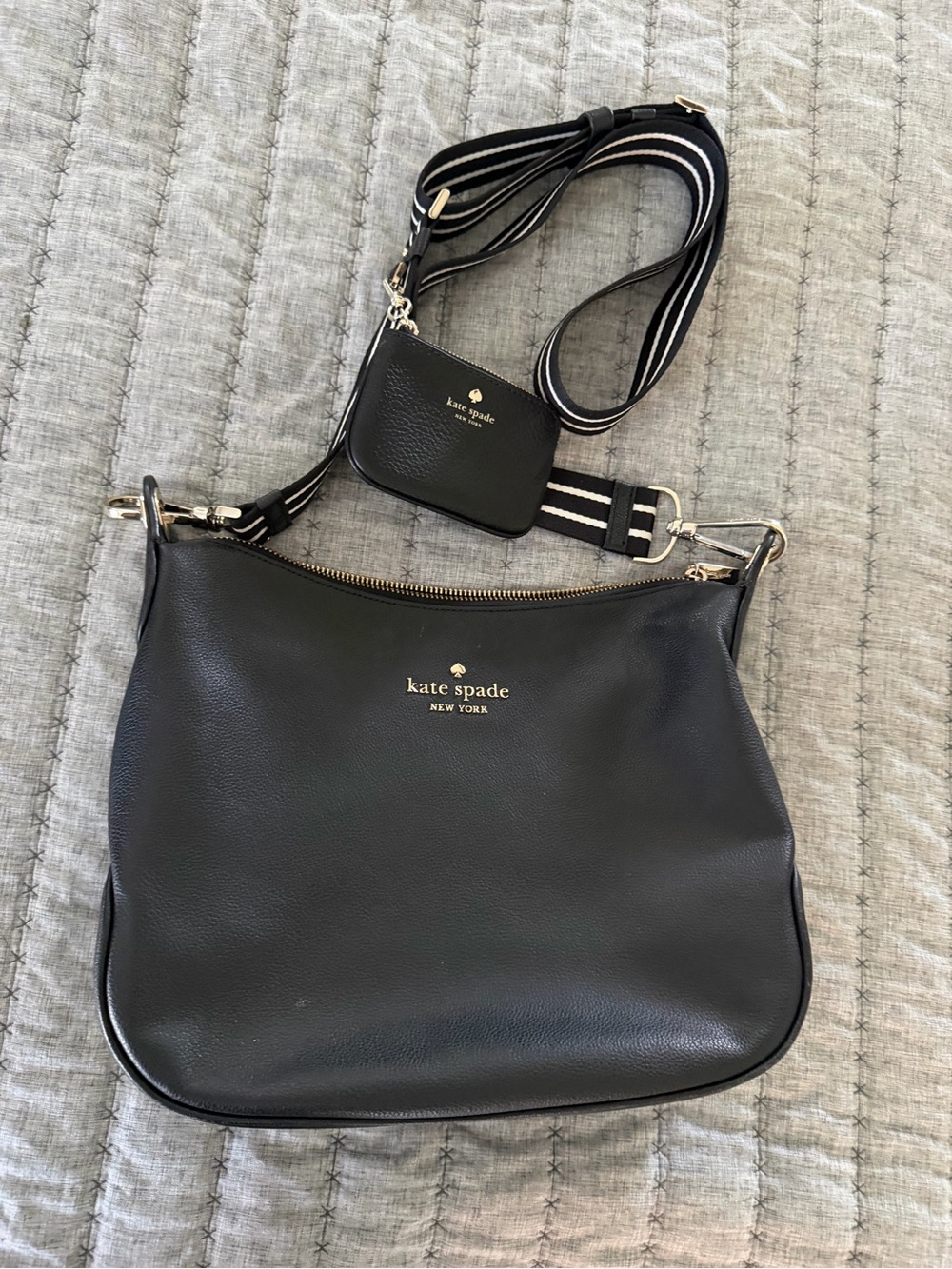 kate spade Black Leather Crossbody with Striped Strap and Coin Pouch